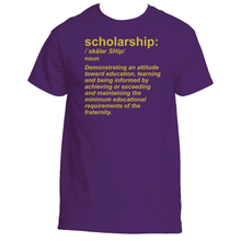 Royal Purple "Scholarship" definition men's short sleeve t-shirt - gold text